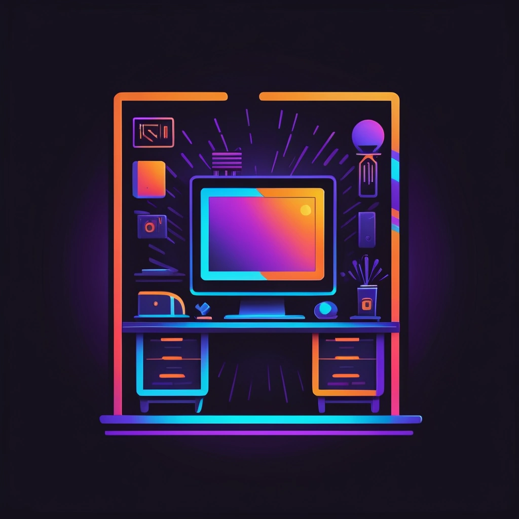 Desk with a pc in neon colors